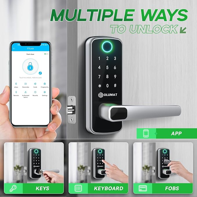 Smart Door Lock with Handle: Olumat Keyless Entry Door Lock with WiFi Gateway - Smart Locks for Front Door with Keypad - Fingerprint Lock