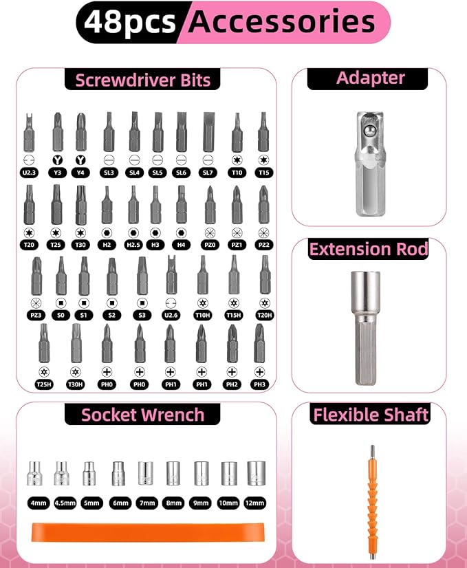 Pink Cordless Electric Screwdriver Set, 3.7V Rechargeable Small Electric Drill with 48pcs Driver Bit Set, Power 3Nm Screw Gun with 2 Position Handle, Flexible Shaft LED Light for Women