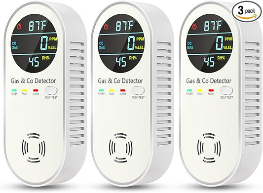 4-in-1 Combination Carbon Monoxide Detectors & Natural Gas Leak Detector - Carbon Monoxide Detectors Plug in - Dual Sensor Gas & Co Detector - Temperature & Humidity Detectors for Home & RV (3 Packs)