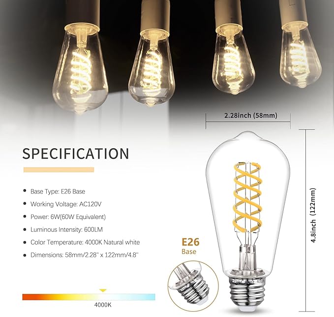 4 PCS Dimmable Vintage LED Edison Bulbs, 6W Equivalent 60 Watt, Natural White 4000K, Antique Flexible Spiral LED Filament Light Bulb, ST58 (ST19), 600 Lumens, E26 Base, Clear Plastic