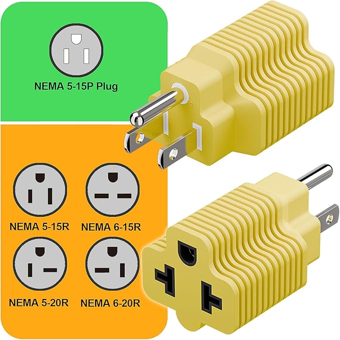 4-in-1 15 Amp to 20 Amp T Blade Adapter, 5-15P to 5-20R, 6-15R, 6-20R, Yellow, 2 Pack