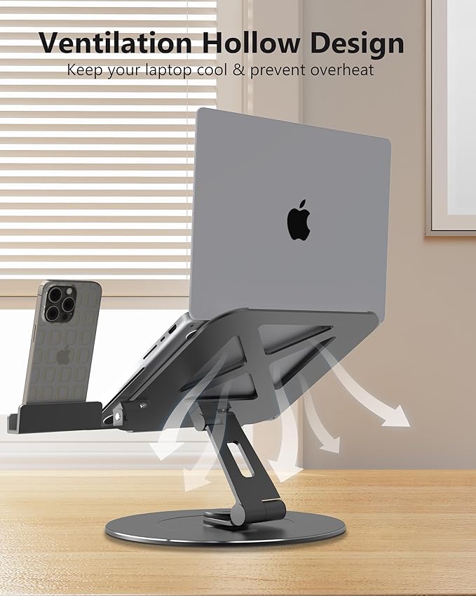 Adjustable 10-17.3" Laptop Stand for Desk with 360 Swivel Larger Base & Rotating Phone Holder, Aluminum Computer Stand for Laptops, Ergonomic Laptop Riser Fits MacBook, HP, Dell, All Laptops