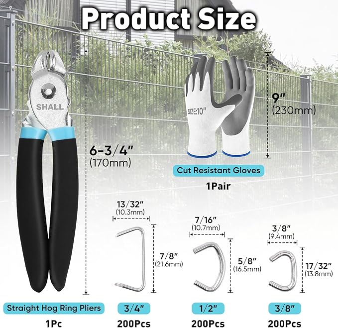 SHALL Hog Ring Pliers Kit with 600pcs Galvanized Hog Rings (3/8’’, 1/2’’, 3/4’’) for Upholstery, Fence, Animal Pet Cages, Bungee Cords, Bagging, Protective Gloves, Storage Case & Bag Included