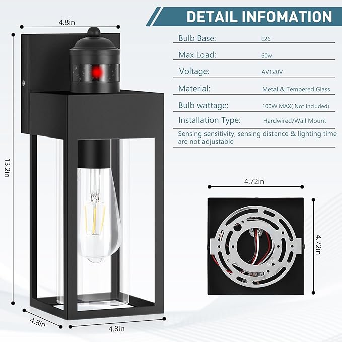 Motion Sensor Outdoor Wall Lanterns 2 Packs, Dusk to Dawn Exterior Light Fixture, 3 Lighting Modes, Waterproof Front Porch Lights for Garage Patio Garden House Entryway, Black.