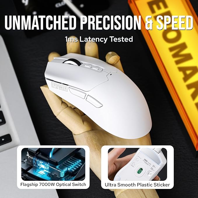 EPOMAKER Click Gaming Mouse Wireless 2.4Ghz/Bluetooth/Type-C, 800 to 42,000 DPI Adjustable, 8K Polling Rate, 500mAh, Lightweight Optical Mouse, for PC/Mac/Linux (White)