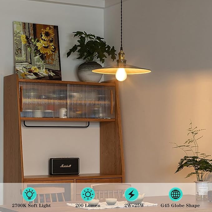 Frosted 25 Watt Light Bulbs E26 Warm White 2700k Dimmable Small Vintage Edison Bulbs G45 Low Watt Globe for Ceiling Fan,Pendant Lights,Vanity Light,Table Lamp,Bedroom and Bathroom Create Cozy Ambiance