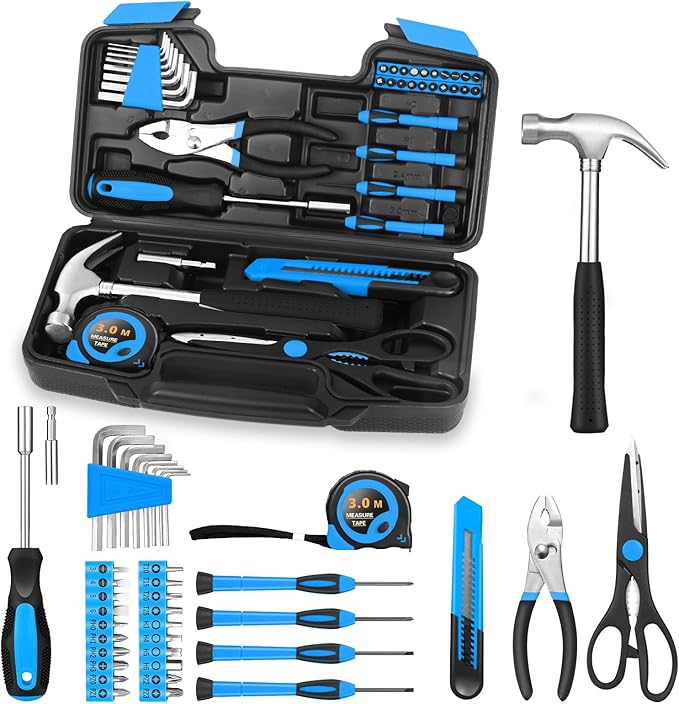 39 Piece Basic Home Tool Set Household Tool Set General Repair Small Hand Tool Kit in Toolbox Storage Case for Home Garage Office College Dormitory Use, Blue