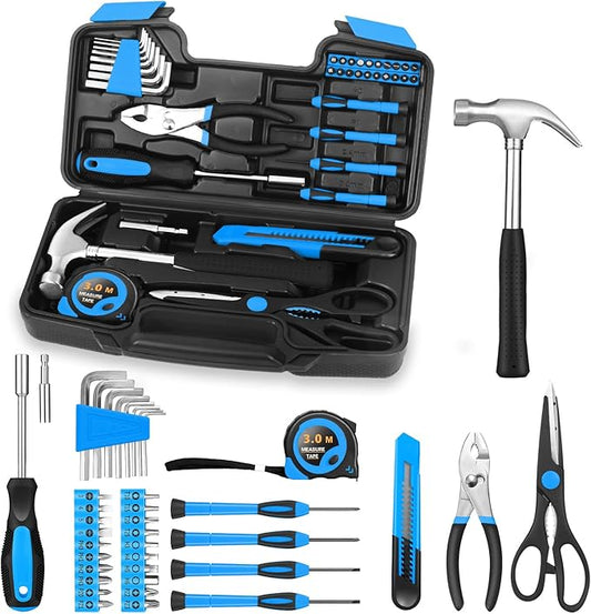 39 Piece Basic Home Tool Set Household Tool Set General Repair Small Hand Tool Kit in Toolbox Storage Case for Home Garage Office College Dormitory Use, Blue