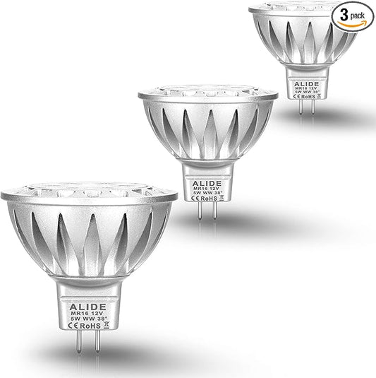 ALIDE MR16 GU5.3 LED Bulbs 50W Halogen Equivalent, 2700K Warm White,MR16 5W 12V Low Voltage Bulbs Spotlights for Outdoor Landscape Flood Track Lighting,Not Dimmable,458lm, 38Deg,3Pack