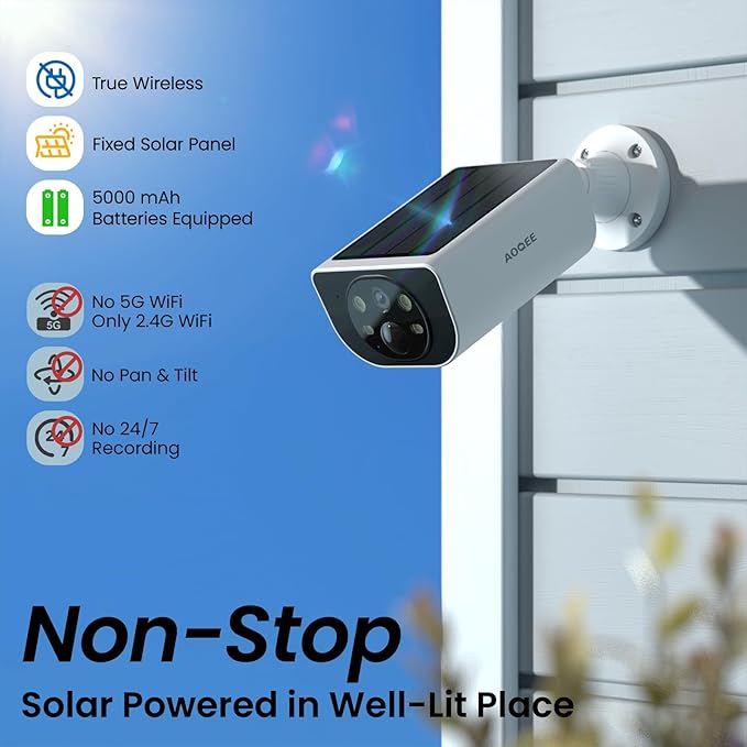 2K Solar Camera Outdoor Wireless-2.4Ghz WiFi Cameras for Home Security, Continuous Power, Color Night Vision, SD Card/Cloud Storage, Waterproof, Compatible with Alexa/Google Home S1 (1 Pack)