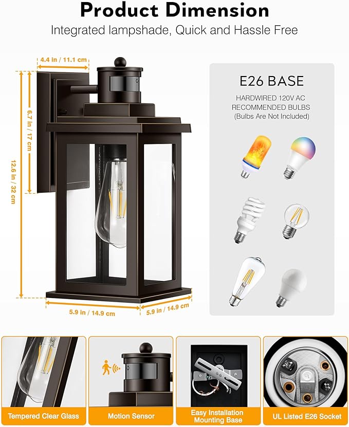 VIANIS Distance-Adjustable Motion Sensor Outdoor Lights, Oil Rubbed Bronze Wall Mounting Porch Light, Waterproof Dusk to Dawn Exterior Lighting Fixtures Sconce, Anti-Rust Outdoor Lanterns for Porch.