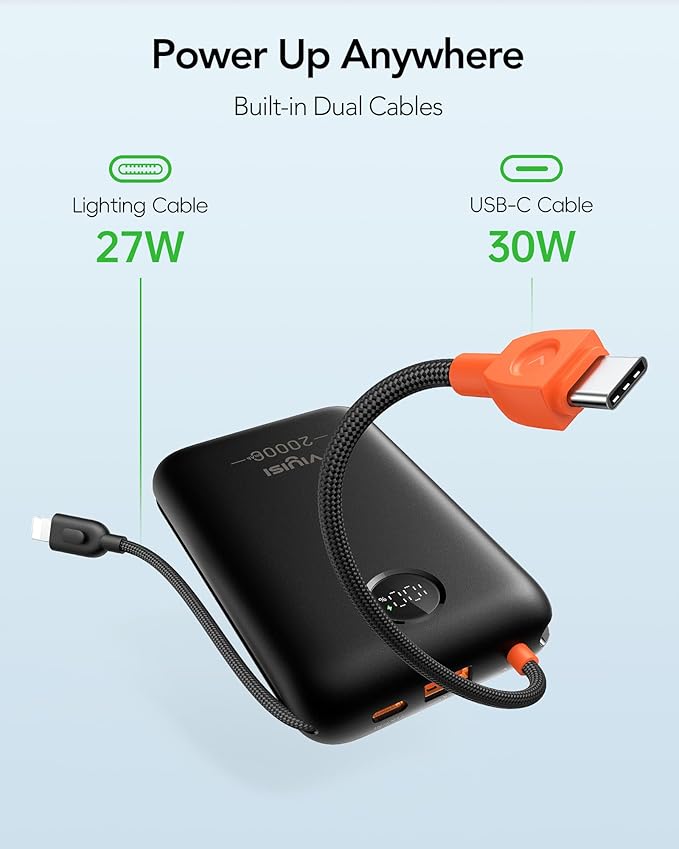 Portable Charger 20000mAh 30W Fast Charging, Power Bank with Built-in Cables & LED Display, USB C Battery Pack for iPhone 16/15/14/13, Samsung, iPad and Android Phones, Ideal for Travel -Black