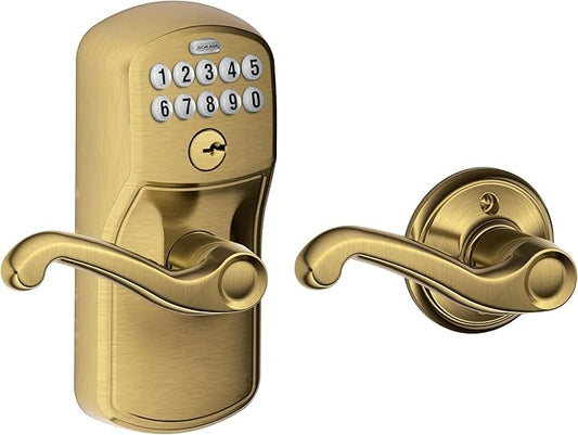 SCHLAGE FE575 PLY 609 FLA Plymouth Keypad Entry with Auto-Lock and Flair Levers, Antique Brass