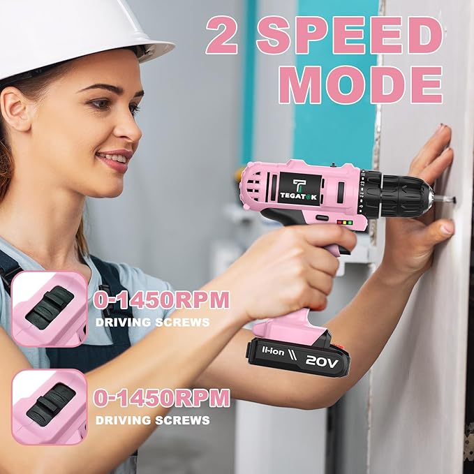 Cordless Pink Drill Set, 3/8 Drill Handheld Screwdriver Kit with 18+1 Torque Setting, 20V Electric Drills Tools Bit, LED Electric Power Drills with Battery and Charger, 1 Battery