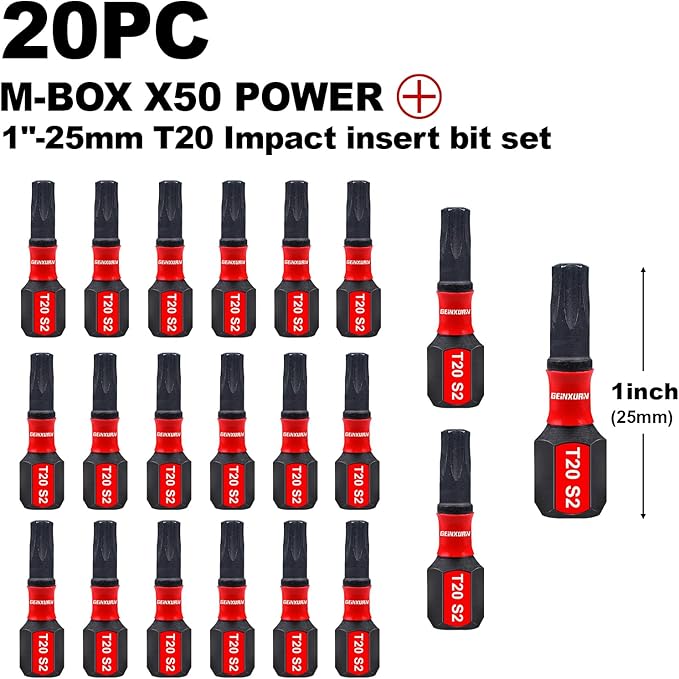 20Pieces 1 In. T20 Impact Tough Magnetic Screwdriver Bit Set, #20 Torx Head Insert Bits, S2 Alloy Steel Star Bits with Storage M-Box