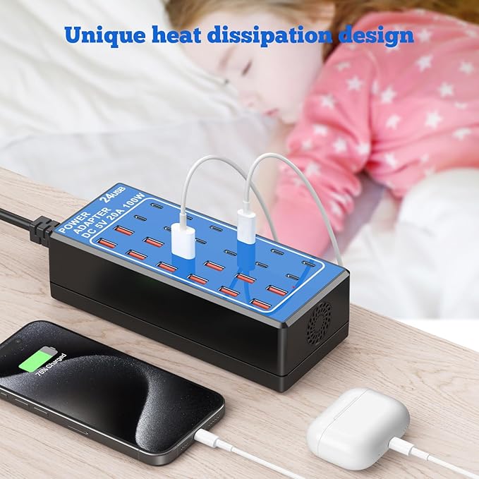 USB C Charger Block, Multi Charging Station, 100W (20A) 24 Port USBC Charging Port for iPhone Samsung Pixel LG Watch,Pad,Speakers,Headphones,PS Compact for Home,Office,Travel