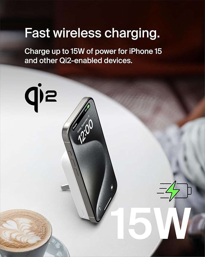 Belkin Portable Charger, Wireless Power Bank 15W 8000 mAh w/ Qi2 - MagSafe Charger w/Built-in Pop-up Kickstand - Compatible w/iPhone 16, 15, 14, Plus, Pro, Pro Max, Google Pixel 10, etc. - White