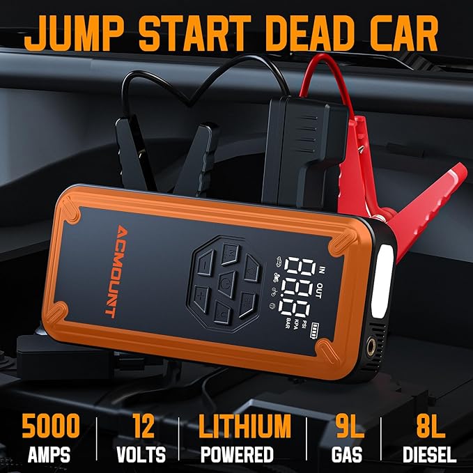Jump Starter with Air Compressor, Acmount 5000A Car Battery Jump Starter with 150PSI Tire Inflator for Up to 9.0 Gas/8.0L Diesel, 12V Portable Jump Starter Box with LCD Display, Light (Orange)