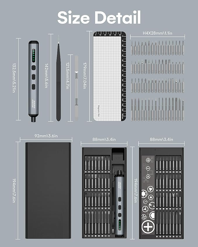 Rush Deer 70-in-1 Electric Screwdriver Set - Rechargeable Mini Precision Power Screwdriver with 64 Magnetic Bits, 5 Torque Settings, For Phone, Laptop, Camera - Cordless and Portable