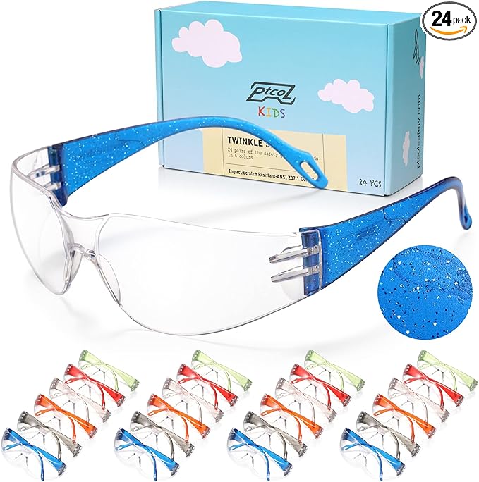 Kids Safety Glasses 24 Pack, Scratch, Impact Resistant Safety Goggles with Clear Lens Assorted Twinkle Color Frame, Eyewear for Lab, Sports,Shooting, Landscaping, Child Youth Size