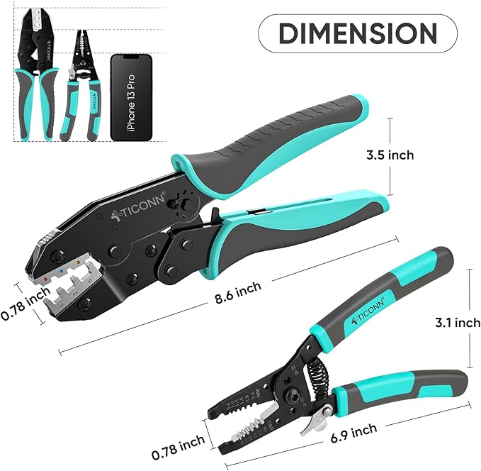TICONN Crimping Tool for Heat Shrink Connectors - Ratcheting Wire Crimper - Crimping Pliers - Ratchet Terminal Crimper - Wire Crimp Tool (Combo Kit)