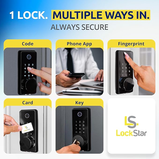 LOCKSTAR® Smart Door Lock • Keyless Entry Deadbolt Door Lock • Multiple Entry Methods – APP • Fingerprint Touch ID • Keypad Code • Card FOB • Traditional Key • Smart Home Devices
