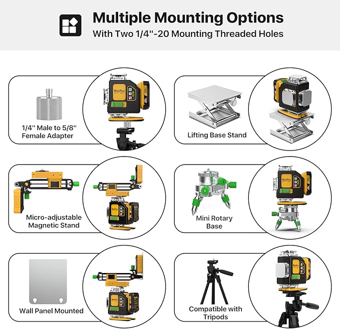 Laser Level,DEGLASERS Red/Green 4x360° Cross Line laser level with 12V Rechargeable Battery, Remote Controller, Magnetic Rotating Stand for Construction and Picture Hanging