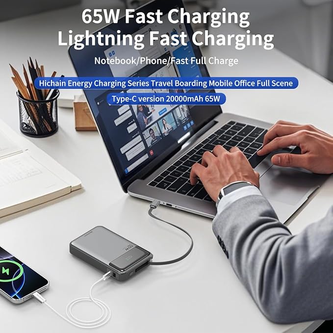 Hichain Laptop Power Bank 65W 20000mAh Portable Charger with Built-in USB-C Cable, 3-Port Fast Charging Battery Pack for MacBook iPhone 17 16/15 Series Android Switch Travel Essential Gray