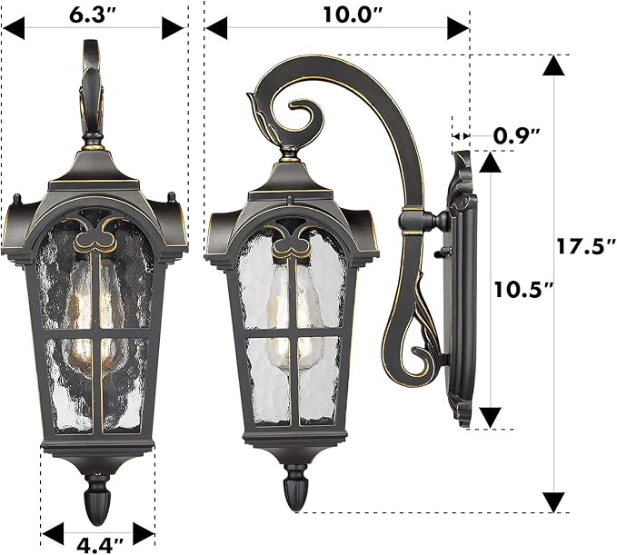 Emliviar Outdoor Light Fixtures Wall Mount - Vintage Large Exterior Light Fixture for Porch 17.5 Inch, Black Finish with Water Glass Shade, WE215B BG