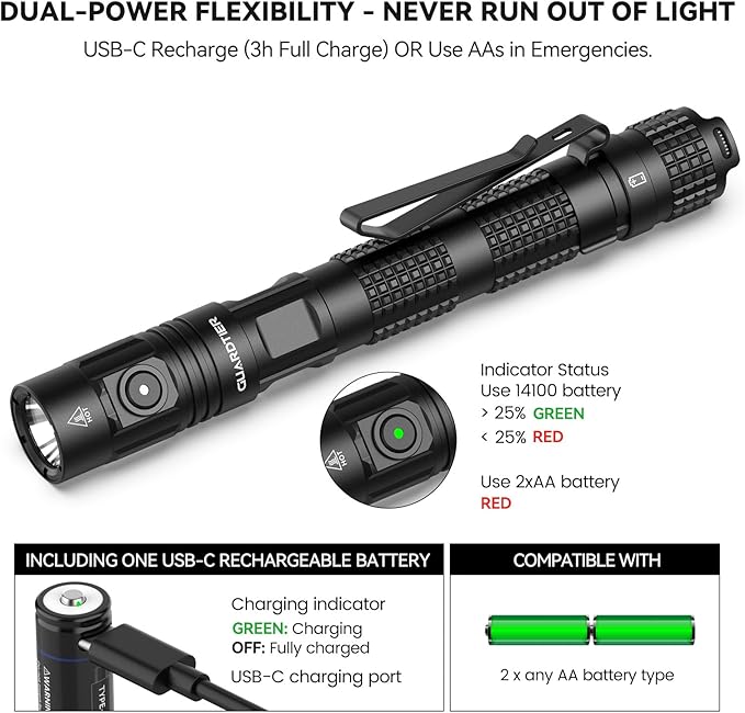 ML70 1500 Lumen EDC Flashlight Rechargeable, Pen Style Self Defense Compact Tactical Flashlight with 2AA Dual Power, IPX7 Waterproof Pocket light for Camping, Emergencies, Outdoor Activities