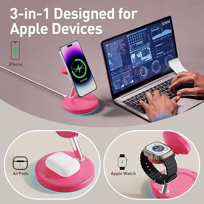 3 in 1 Charging Station Compatible with Mag-Safe Charger Wireless Charger Stand for iPhone 16 15 14 13 12 Series Wireless Charging Station for AirPods Wireless Charging Stand for iWatch Series (Red)