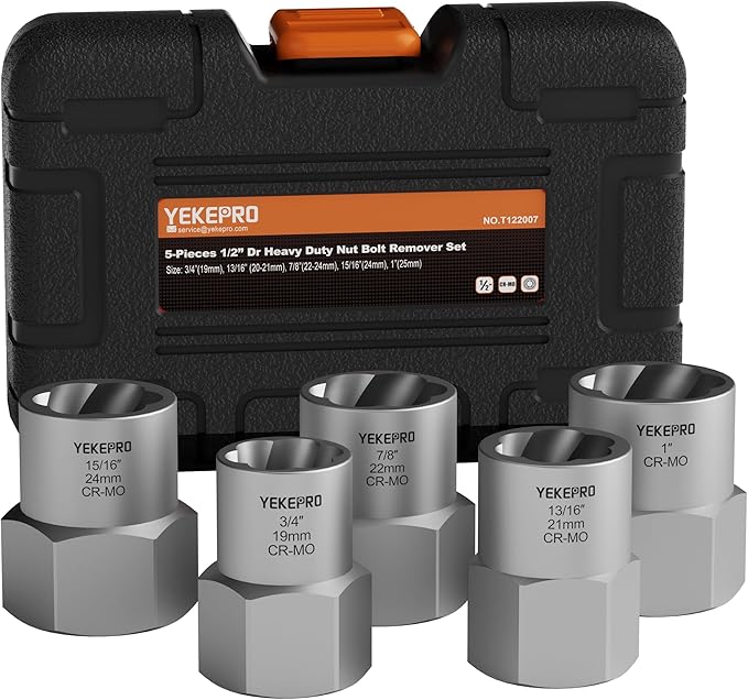 5-Piece Heavy Duty Bolt Extractor Set, 1/2" Drive Impact Lug Nut Remover Tool, Large Size 19-25mm for Removing Stripped, Damaged, Rusted Nuts, Bolts, and Studs