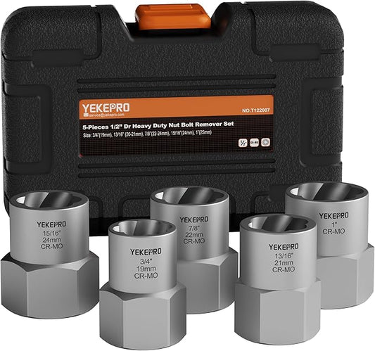 5-Piece Heavy Duty Bolt Extractor Set, 1/2" Drive Impact Lug Nut Remover Tool, Large Size 19-25mm for Removing Stripped, Damaged, Rusted Nuts, Bolts, and Studs