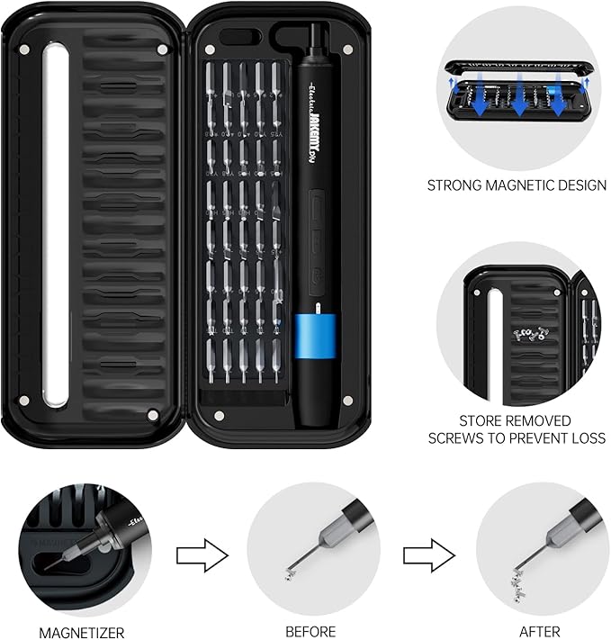 JAKEMY Electric Screwdriver, Precision Magnetic Screwdriver Bit Set(40 Bits), Dual-Mode Rechargeable Mini Cordless Power Screwdriver Repair Tool Kit with LED for Electronics Laptop Phone Watch Toy