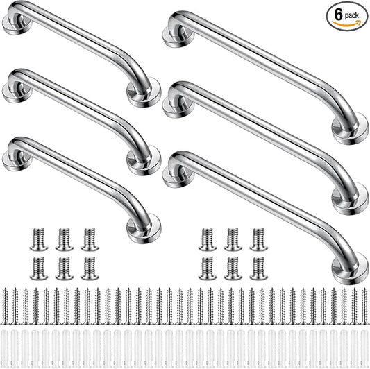 Therwen 6 Pack Grab Bars for Bathtubs and Showers Shower Grab Bars for Seniors Stainless Steel Bathroom Handicap for Elderly for Wall Shower Handle Assist Device(12 Inch, 16 Inch,Silver)