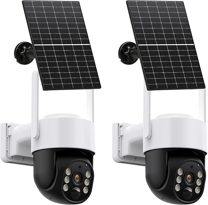 Solar Security Cameras Wireless Outdoor, 2K 360° View Battery Powered Outdoor Camera, Solar Outdoor Camera with PIR Motion Detection,Color Night Vision,2-Way Talk,IP65,Siren Alarm（2-Pack）