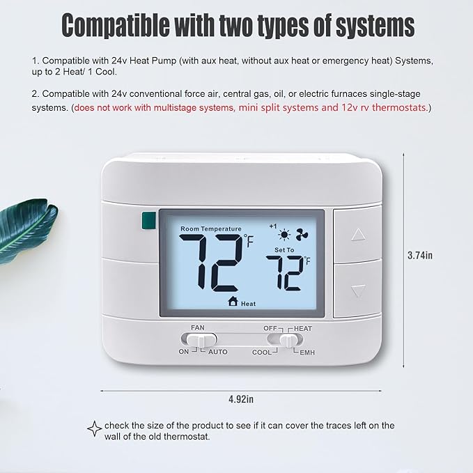 2 Heat/ 1 Cool Non-Programmable Thermostat for Home Heat Pump System and Conventional Single-Stage System, with Room Temperature & Humidity Monitor (White Backlit Screen)