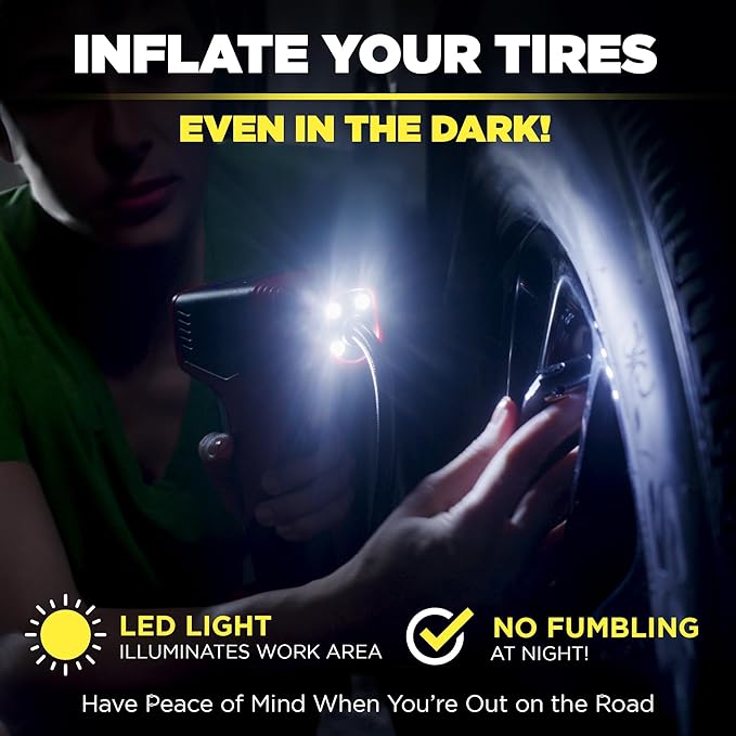 EMSON Bullseye Pro ASON TV Digital Tire Inflator Automatic 150 PSI w/Gauge Display Screen & Pre-set Pressure in KPA,PSI,BAR,Kg/cm,Built-in LED Lights,Rechargeable,Air Compressor,Car Tire Pump,Orange