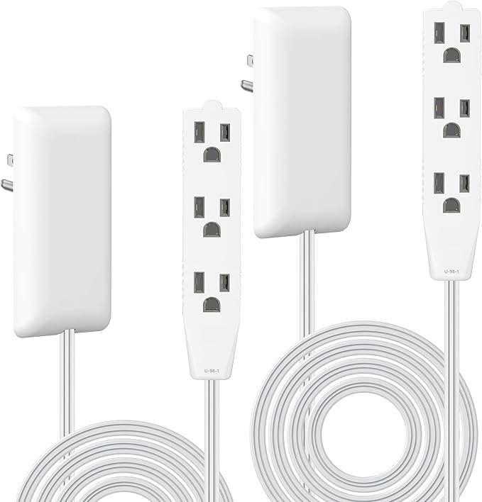 LIDER Flat-Face Outlet Extender with 3 Receptacles, Ultra-Thin Wall Plate Plug with Cord Extender and 3-Outlet Power Strip, 8ft Cord, LWE8-315-W2P, ETL-Listed, White, 2 Pack