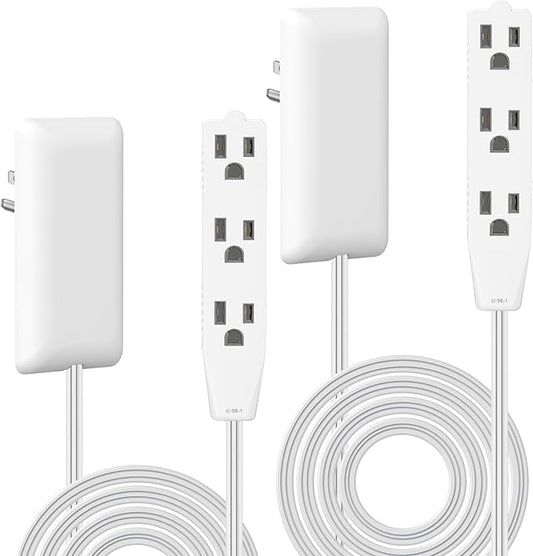 LIDER Flat-Face Outlet Extender with 3 Receptacles, Ultra-Thin Wall Plate Plug with Cord Extender and 3-Outlet Power Strip, 8ft Cord, LWE8-315-W2P, ETL-Listed, White, 2 Pack