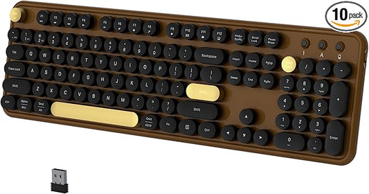 Colorful Wireless Bluetooth Keyboard, 2.4G & Dual Bluetooth Multi-Device, Retro Round Keycaps 104 Keys Full-Size for PC Laptop Tablet Phone (Black-Brown)