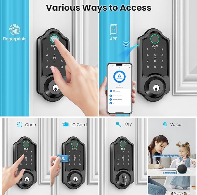 DEVO G8 Fingerprint Smart Lock, Keyless Entry Door Lock with Doorbell, Built-in Wi-Fi Deadbolt, Smart Door Lock for Front, APP Remote, Auto-Locks,Easy Install, IP54 Waterproof