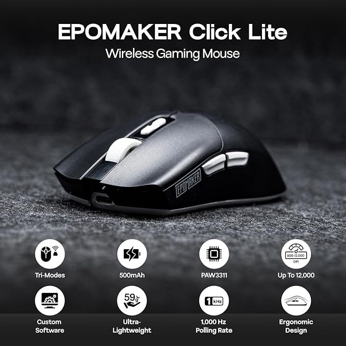 EPOMAKER Click Lite Wireless Gaming Mouse, 800 to 12,000 DPI Adjustable, PAW3311 Sensor, 500mAh, 59g, 2.4G/BT/USB-C Rechargeable Wireless Mouse with 5 Programmable Buttons for PC/Mac/Linux (Black)