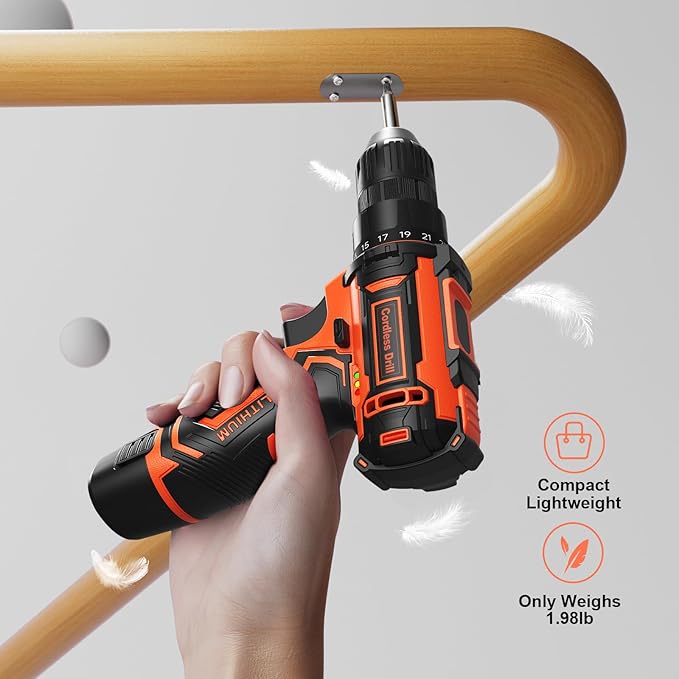 Cordless Drill Set,12V Power Drill Driver 3/8" Keyless Chuck with 42 Acessories, Built-in LED Light, 25+1 Position, Electric Drill for Home DIY Projects (Orange)