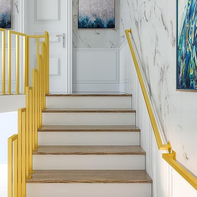 2FT Gold Iron Hand Railing, Sturdy Safety Staircase Handrails Wall Mount, 500lbs Load Capacity Industrial Iron Railing Pipe Handrail for Indoor Stairs Outdoor Deck Loft Porch, Non-Slip and Rust