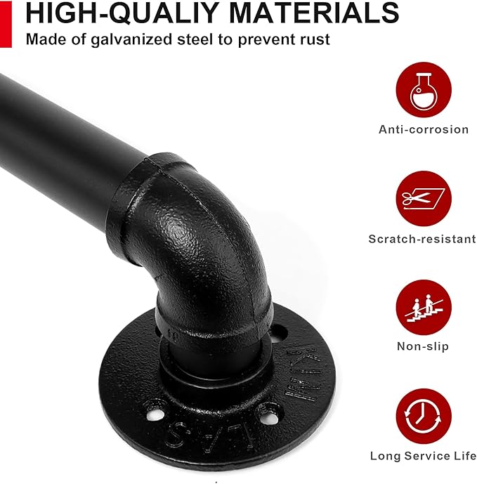 SCIEO 11.4FT Industrial Stair Handrail, Wall-Mounted Staircase Handrail for Indoor Outdoor Steps, Metal Pipe Stair Railing Galvanized Steell Hand Rail Non-Slip Grab Bar for Steps Stairs Porch Deck