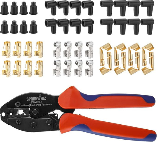 Ratchet Spark Plug Wire Crimping Tool Kit, 24PCS 180 Degree/90 Degree/Straight Spark Plug Coil Terminals & 24PCS Boots, Ratcheting Wire Crimper Diameter 8.5-8m