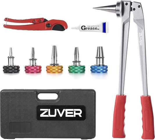 PEX Tube Expansion Tool Kit - Manual Expander with 5 Heads - Meets ASTM F1960 Standard - Includes 3/8”, 1/2”, 5/8”, 3/4”, 1” Expansion Heads and Tube Cutting Tool