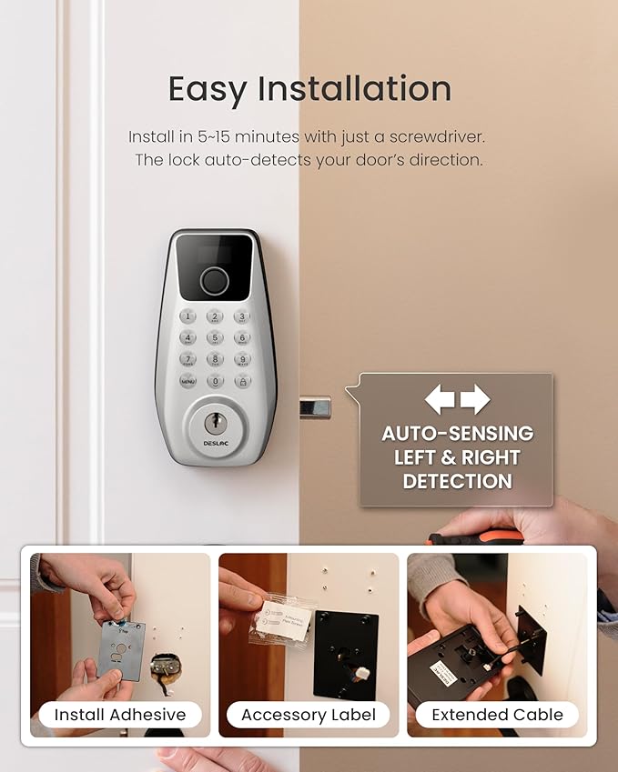 DESLOC C110 Keyless Entry Door Lock with 2 Lever Handles&Smart Screen, Digital Smart Front Door Lock Set, Fingerprint Door Locks, Keypad Deadbolt, Auto-Lock, Backlit Keys, Passage Mode, IP54 Silver