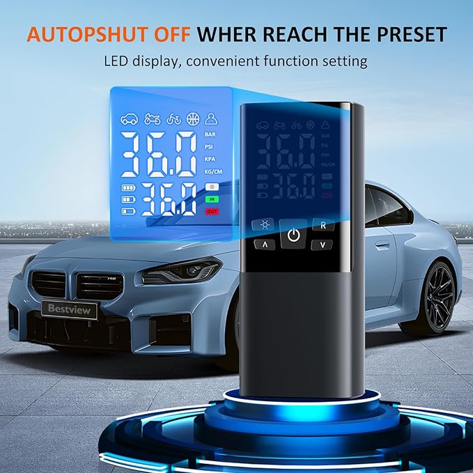 Bestview Tire Inflator Portable Air Compressor-150PSI Air Compressor 4X Faster, Electric Ball Pump/Small Portable Air Tank with Digital Pressure Gauge and LED Light for Cars, Bicycles, Motorcycles